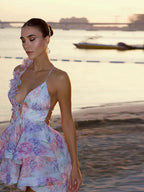 Floral Print Plunging V-Neck 3D Floral Ruffle Strap Cut Out Waist Tiered Mini Dress