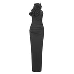 Bonnie Halter Gown Dress with Ruched 3D Flowers