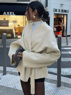 Elegant Lace Up Coat For Women V-neck Long Sleeve Slim Jacket Cardigan 2025 Autumn Winter Lady Streetwear Outwear New In Coats