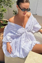V-Neck Puff Sleeve Patchwork Mini Dress