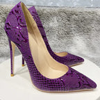 Purple Crocodile Embossed Pointy Toe Slip On High Heel Shoes for Women