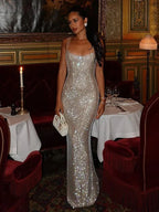 Sequin Scoop Neck Thin Strap Bodycon Maxi Dress