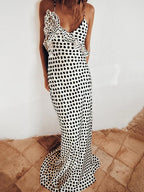 Polka Dot Floral Rosette Ruffle Trim Spaghetti Strap Slip Maxi Dress