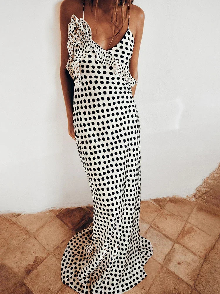 Polka Dot Floral Rosette Ruffle Trim Spaghetti Strap Slip Maxi Dress