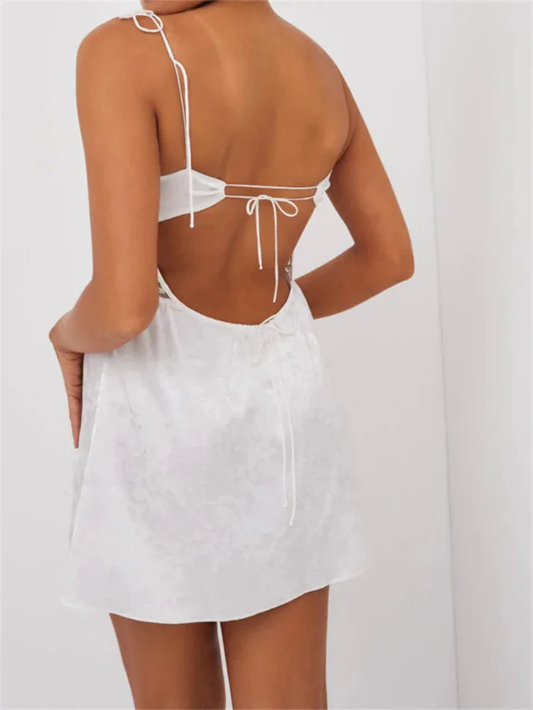 Jacquard Floral Lace Panel Tie Strap Side Slit Mini Slip Dress