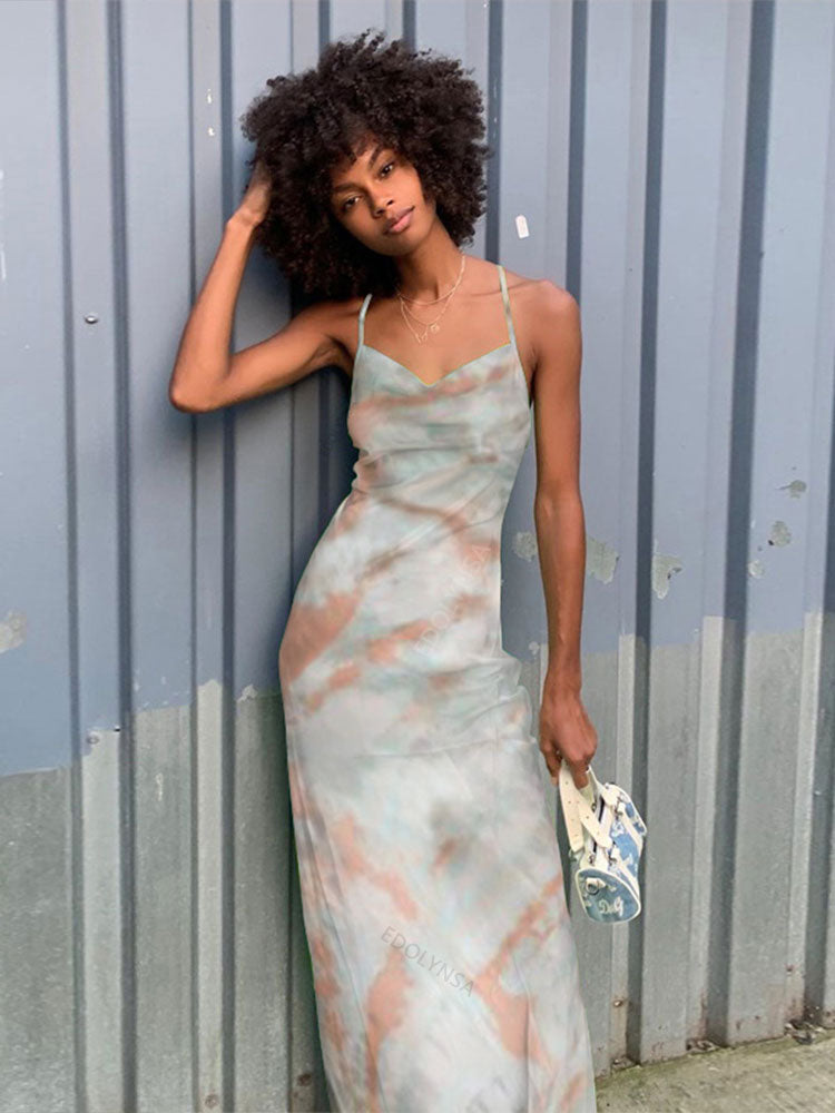 Tie-Dye Print Cowl Neck Spaghetti Strap Slip Maxi Dress