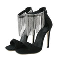 Crystal Fringe Peep Toe Sandals with Zipper and Thin High Heels