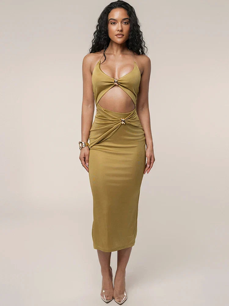 Ring Link Halter Midriff Cut Out Twist Front Bodycon Midi Dress