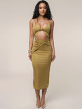 Ring Link Halter Midriff Cut Out Twist Front Bodycon Midi Dress