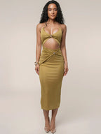 Ring Link Halter Midriff Cut Out Twist Front Bodycon Midi Dress