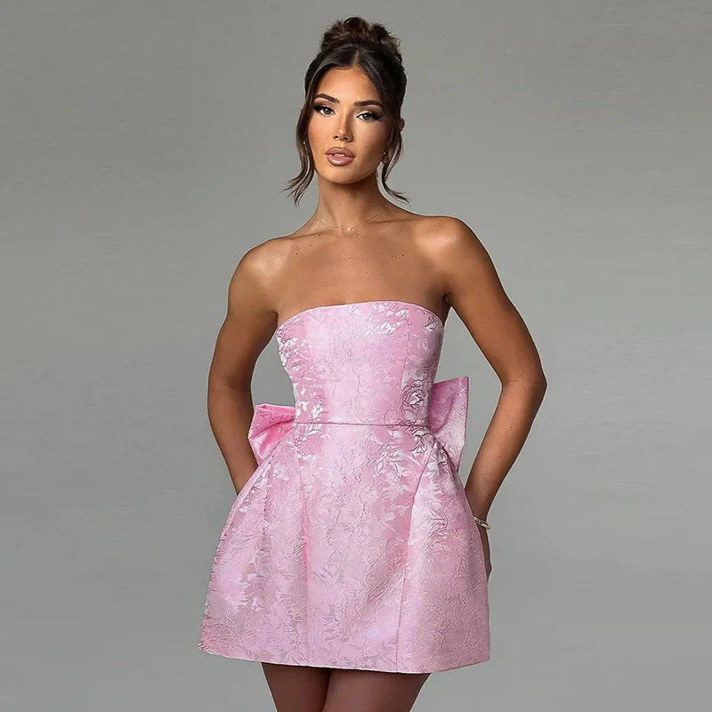 Jacquard Strapless Bow Back Fit and Flare Mini Dress