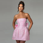 Jacquard Strapless Bow Back Fit and Flare Mini Dress