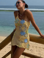 Crochet Mesh 3D Floral Applique Spaghetti Strap Mini Dress
