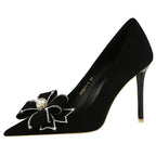 Pearl Bowknot Rhinestone High Heel Pumps in Suede Stilettos for Women - 10.5 cm