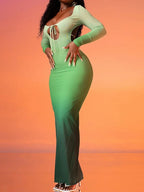 Long Sleeve Tie Front Keyhole Side Cut Out Bodycon Maxi Dress