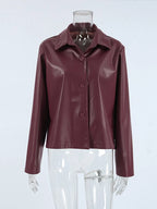 Burgundy Faux Leather Jackets Women Moto Biker Lapel Zipper Long Sleeve Female Coats 2025 Spring Casual Lady Street Outwear