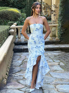 Strapless Floral Print High Low Ruffle Trim Asymmetric Hem Side Slit Maxi Dress