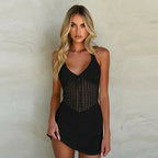 Crochet Knit Halter Neck Deep V-Neck Hollow Out Tie Front Bodycon Mini Dress