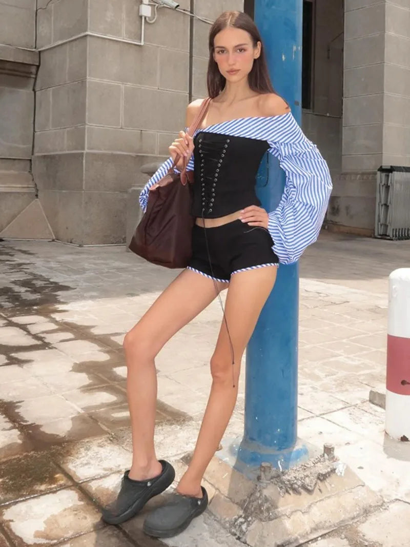 Fashion Chic Women Long Sleeve Striped Long Sleeve Corset Shirts + Shorts 2 Piece Sets High Street Tunics Bandage Female Suit