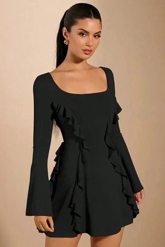 Lace Up Slim Patchwork A-Line Long Sleeve Mini Dress