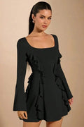 Lace Up Slim Patchwork A-Line Long Sleeve Mini Dress
