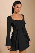 Lace Up Slim Patchwork A-Line Long Sleeve Mini Dress