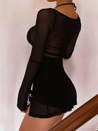 Sheer Mesh Long Sleeve Square Neck High Slit Mini Dress