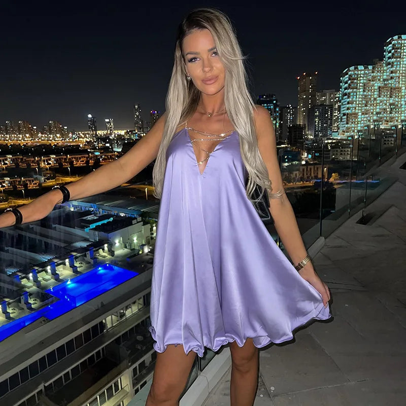 Rhinestone Strap Deep V-Neck Crisscross Satin Mini Dress