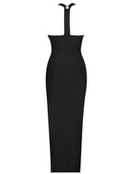 Halter Neck Metal Button Front Bodycon Bandage Maxi Dress