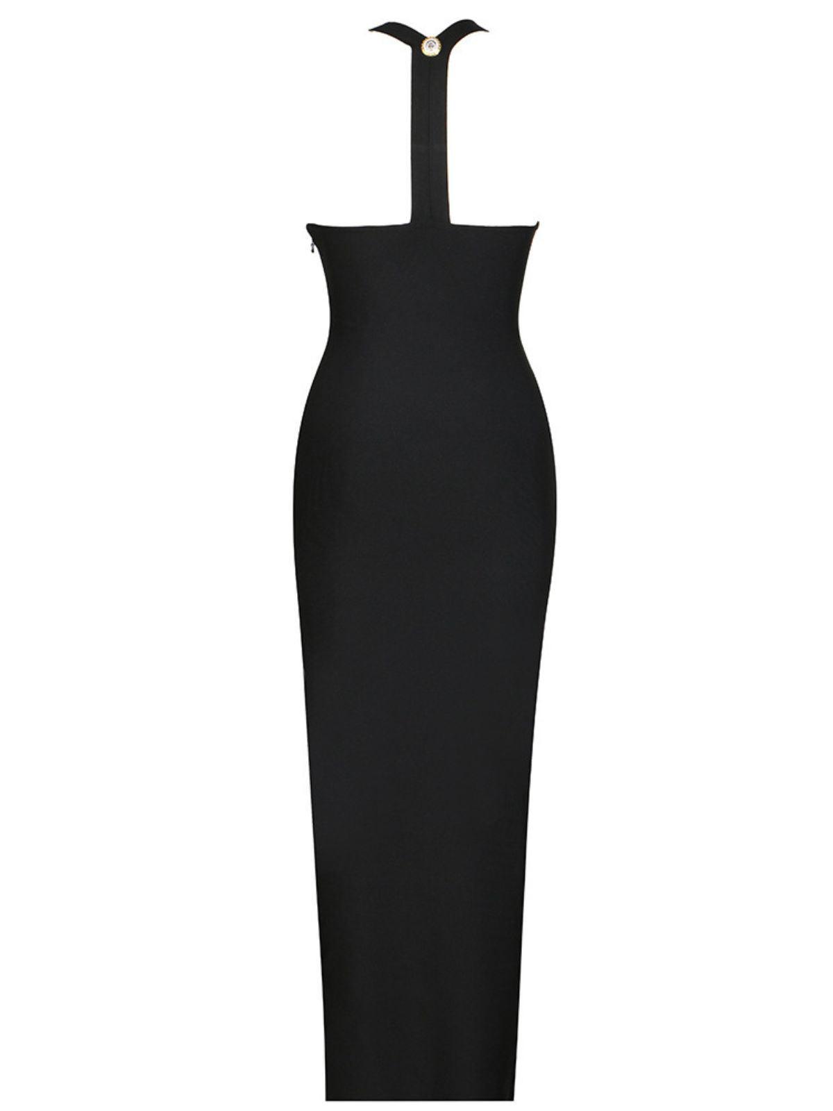 Halter Neck Metal Button Front Bodycon Bandage Maxi Dress