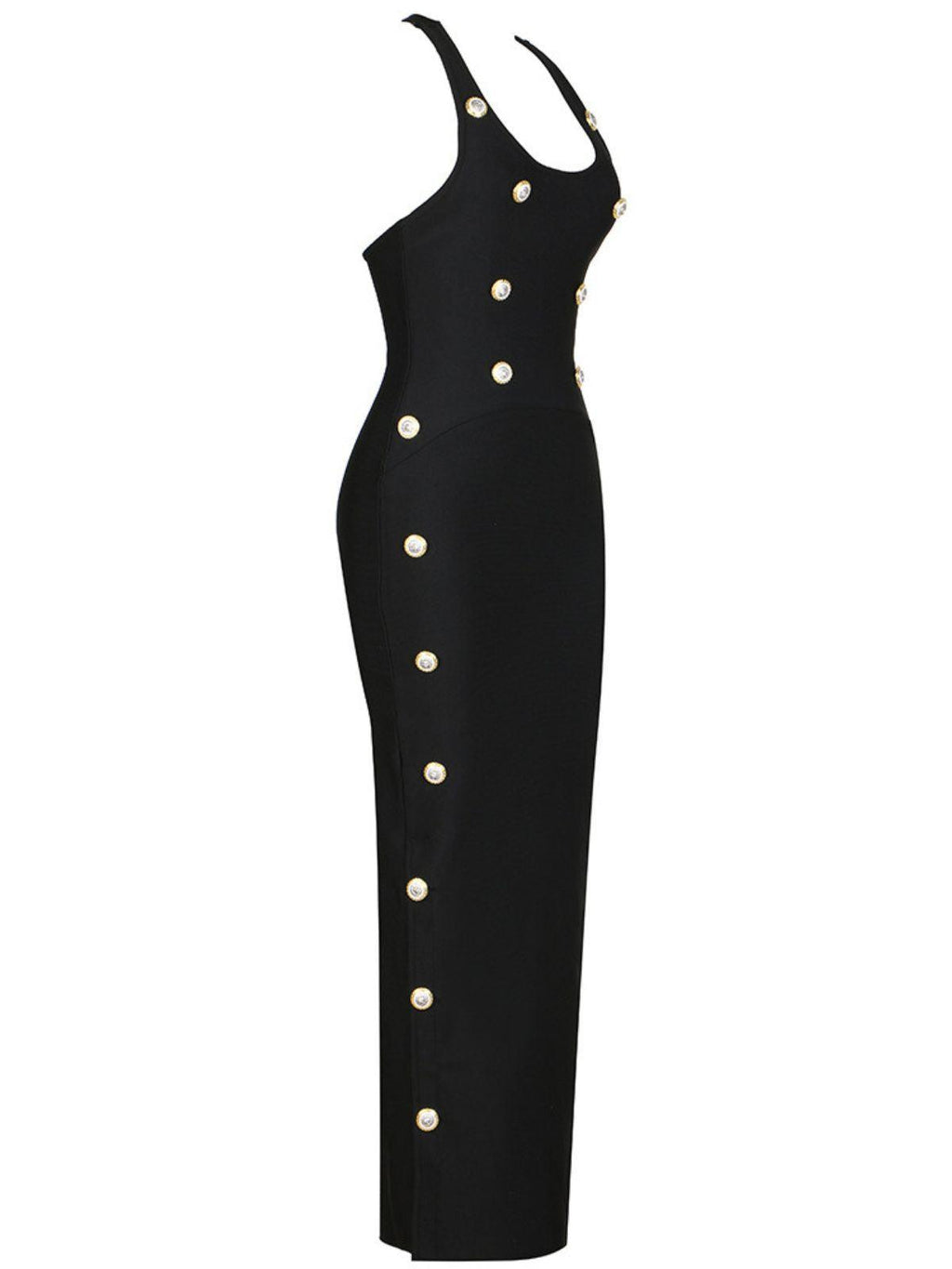 Halter Neck Metal Button Front Bodycon Bandage Maxi Dress