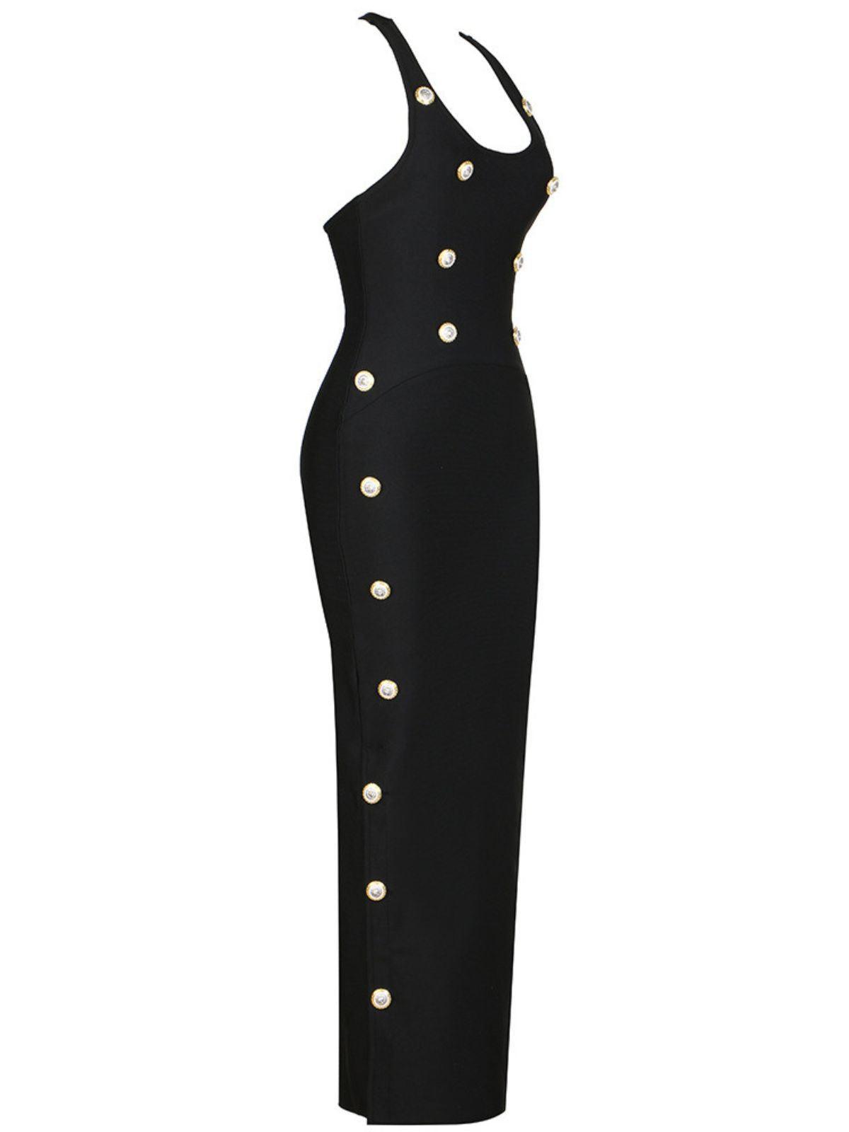 Halter Neck Metal Button Front Bodycon Bandage Maxi Dress