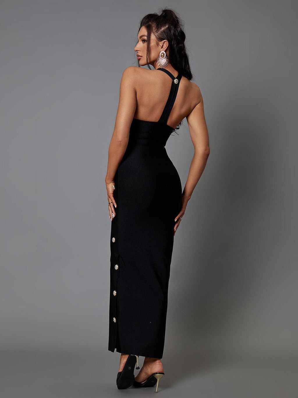 Halter Neck Metal Button Front Bodycon Bandage Maxi Dress