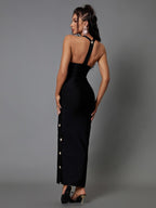 Halter Neck Metal Button Front Bodycon Bandage Maxi Dress