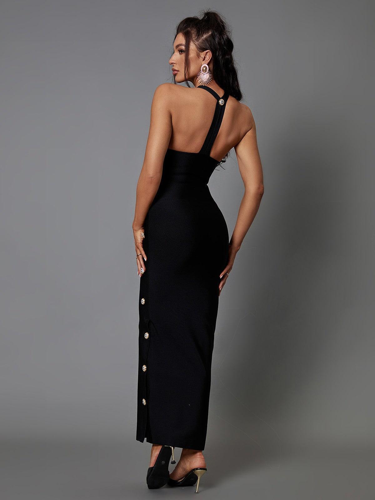 Halter Neck Metal Button Front Bodycon Bandage Maxi Dress