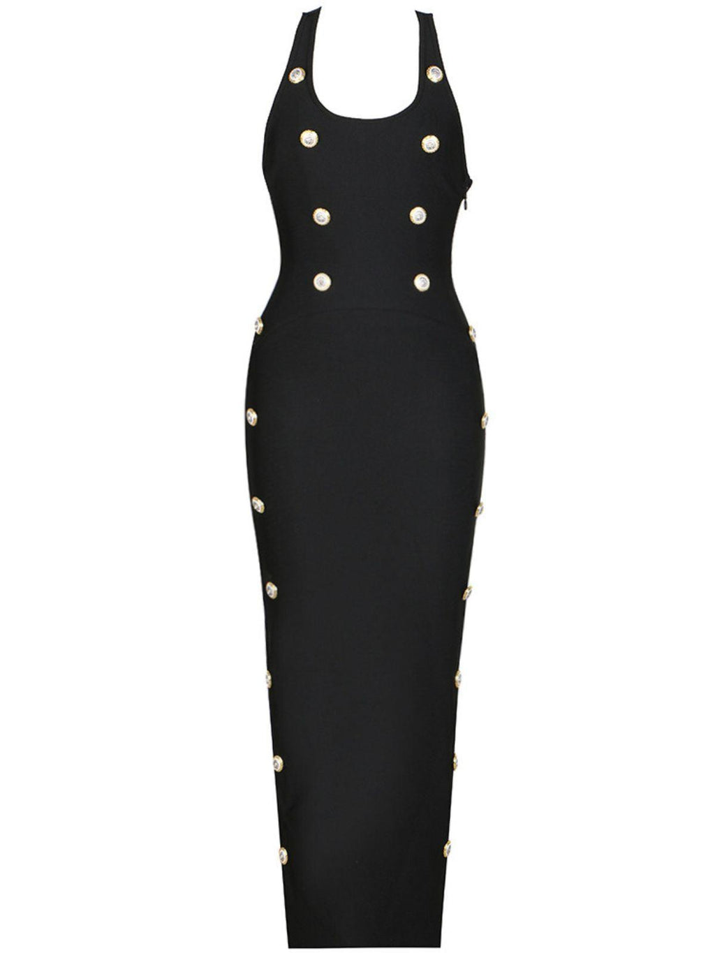 Halter Neck Metal Button Front Bodycon Bandage Maxi Dress