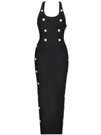 Halter Neck Metal Button Front Bodycon Bandage Maxi Dress