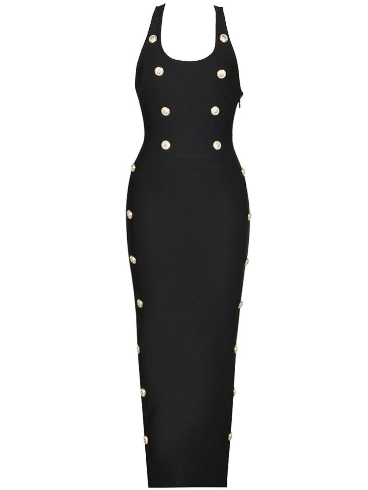 Halter Neck Metal Button Front Bodycon Bandage Maxi Dress