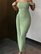 Off Shoulder Ruched Bodycon High Split Midi Dress