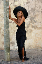 Deep V-Neck Spaghetti Strap Diagonal Tiered Ruffle Maxi Dress