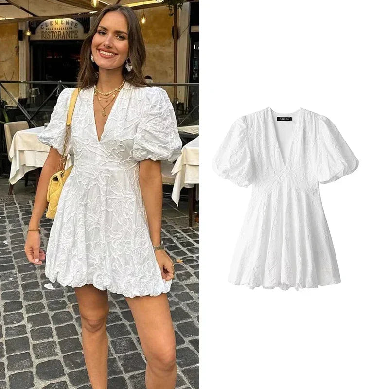 Claudia Minimalist White Mini Dress with Puff Sleeves Elevated Occasion Wear