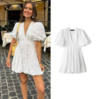 Claudia Minimalist White Mini Dress with Puff Sleeves Elevated Occasion Wear