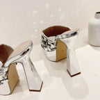 Silver Sequin Cloth Open Toe Platform High Heels Sandals for Women