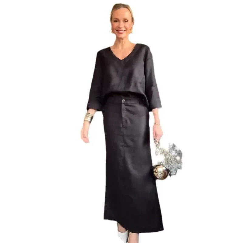 Two Piece Set Women Blouse Skirt Suit Solid Colour