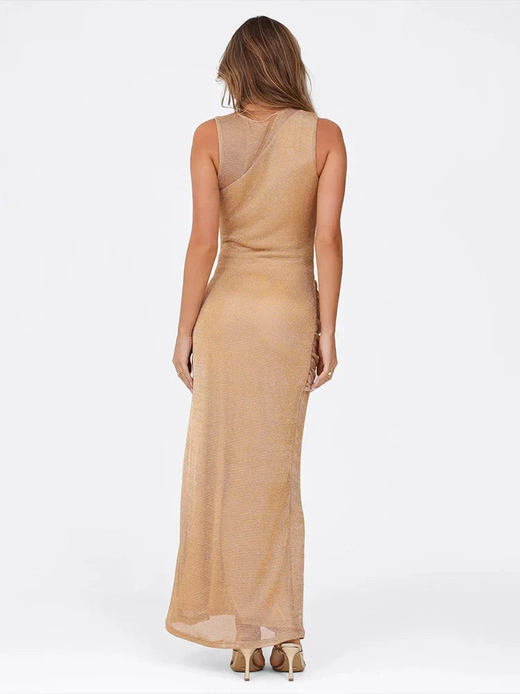 Lurex Asymmetric Neck Front Knot Cut Out High Split Maxi Dress