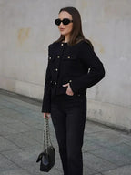Elegant Solid Button Fake Pocket Jacket Women's Fashion O-neck Long Sleeve Single Breasted Cropped Coats New Lady Chic Outerwear