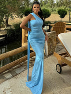 One Shoulder Ruched Bodycon Long Sash Drape Maxi Gown