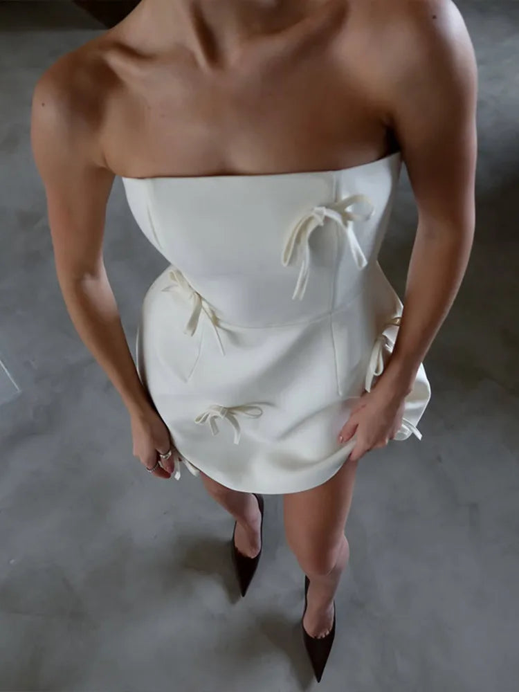 Strapless Princess Seam Bow Detail Structured Mini Dress