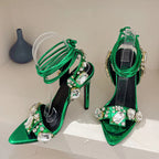 Crystal Rhinestones Sandals Women Summer Pointed Toe Stilettos Thin Heels