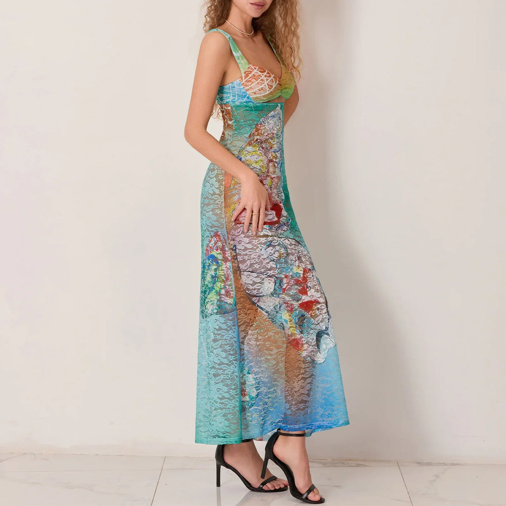 Hollow Pattern Cami Floral Dress